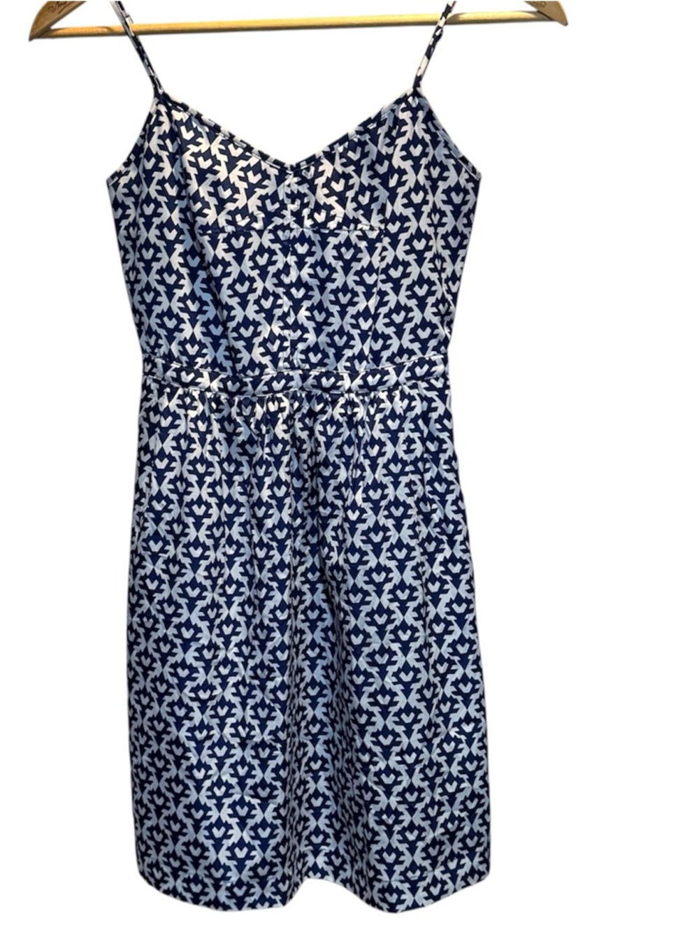 J. Crew Babydoll Satin Seaside Navy And White Geometric Print Dress Sz XXS